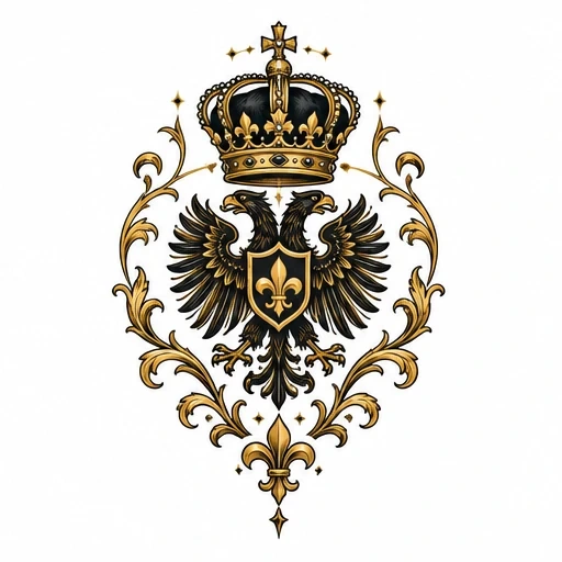Double-headed black eagle with a fleur-de-lis shield, golden crown, and ornate golden filigree