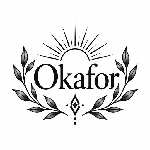 Tattoo design featuring the name Okafor with sunburst and leafy branches