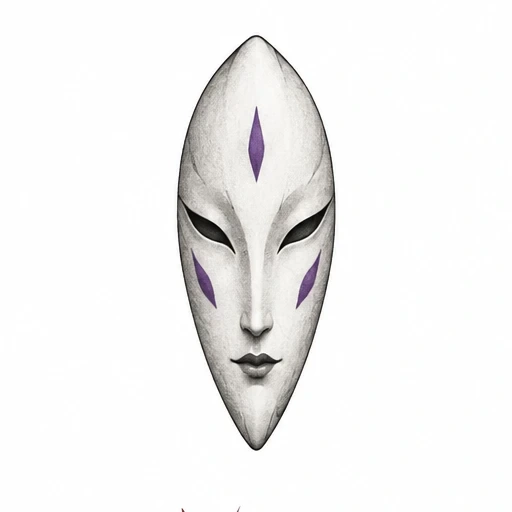 Elongated white spirit mask tattoo with three violet diamond shapes and black eye details on white background