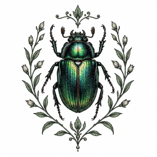Green iridescent beetle tattoo design surrounded by symmetrical botanical leaves and buds with ornamental flourishes