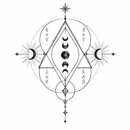 Black tattoo design of moon phases within geometric shapes and mystical symbols