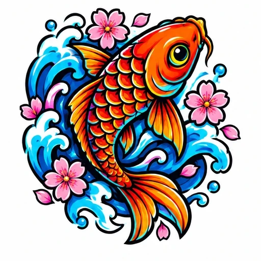 Orange koi fish surrounded by blue water splashes and pink cherry blossoms in New School style