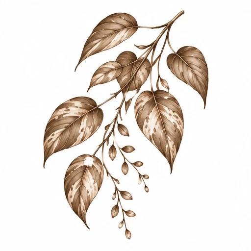 Brown ink botanical branch tattoo design with detailed leaves and buds