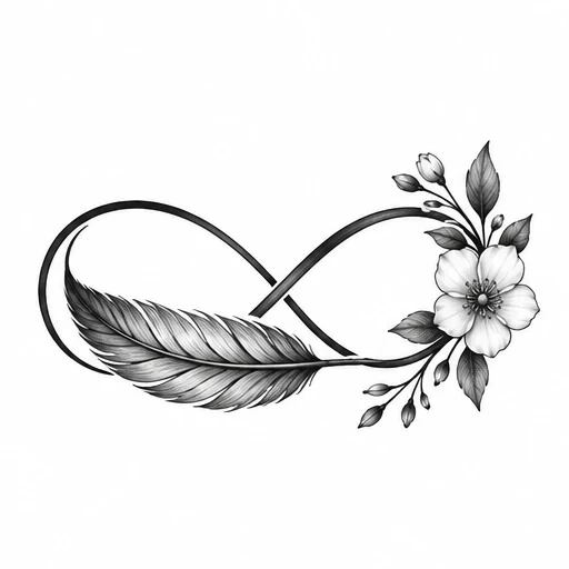 Monochrome infinity symbol with feather on one side and detailed flowers on the other