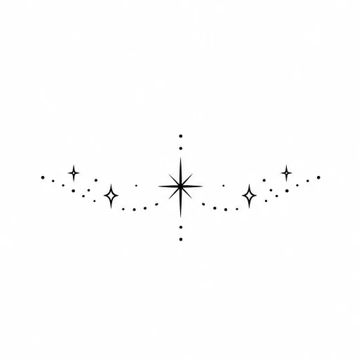 Minimalist black tattoo with central star, smaller stars, and dot line curve