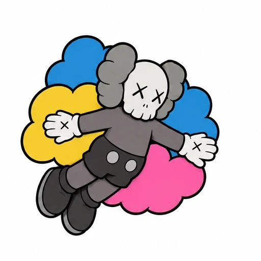 KAWS style character with crossed eyes floating on blue, yellow, and pink cloud shapes.