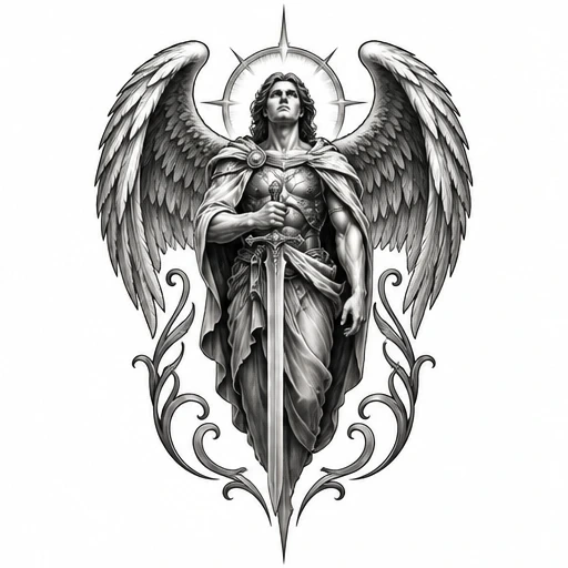 Black and grey tattoo design of a standing archangel with large feathered wings, a halo, and holding a sword