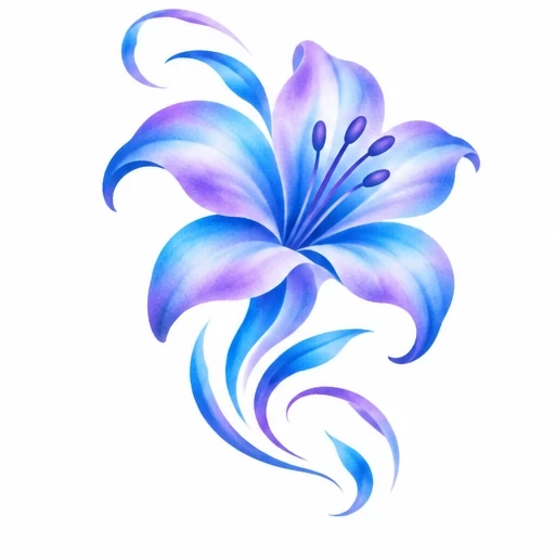 Airbrush style tattoo design of a blue and purple lily flower with flowing petals and leaves
