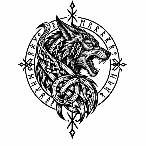 Black ink tattoo design of a snarling wolf head with Norse runes and knotwork in a circular frame