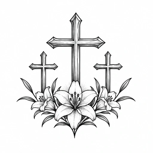 Black and white tattoo design of three decorative crosses with lilies and leaves at the base
