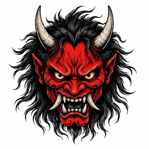 Red Japanese oni demon head tattoo with black hair, white horns, sharp tusks, and fierce expression