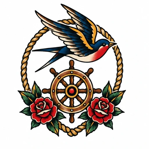Traditional tattoo of a swallow flying over a ship wheel framed by a rope heart with two red roses at the bottom.