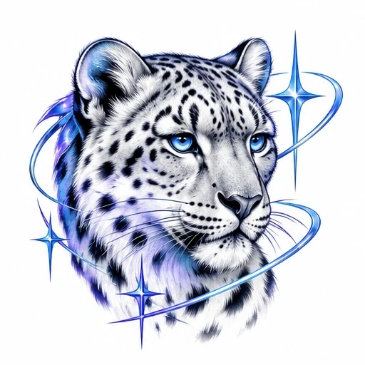 Detailed snow leopard head with blue eyes surrounded by glowing blue stars on white background