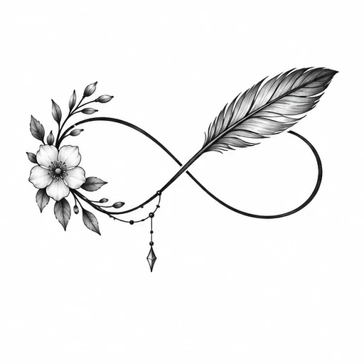 Black and white infinity tattoo design featuring a flower with leaves on one side and a feather on the other, accented with hanging beads and a crystal.