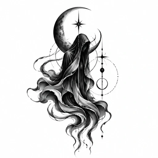 Black and gray tattoo of hooded ghostly figure with flowing robes, crescent moon, and celestial geometric orbs