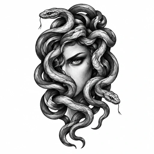 Black and white detailed Medusa portrait with snakes coiling as hair