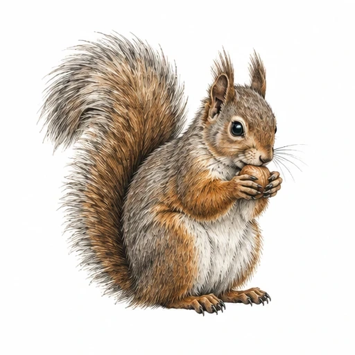 Realistic illustration of a brown and gray squirrel holding a nut with detailed fur and bushy tail on white background