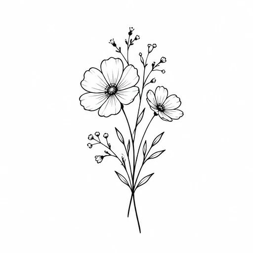 Black ink line drawing of two cosmos flowers with leaves and small buds