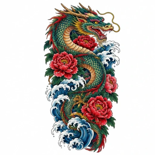 Japanese green dragon tattoo coiling through red peonies and blue ocean waves.