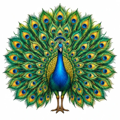 Colorful peacock with fanned green and yellow tail feathers featuring blue eye spots, standing front-facing.