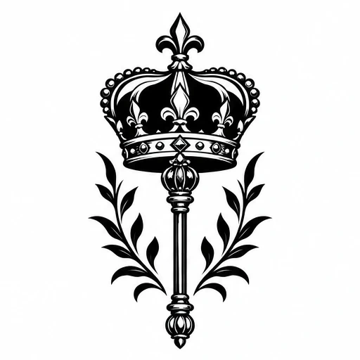 Blackwork tattoo design of a royal crown on a scepter with laurel branches