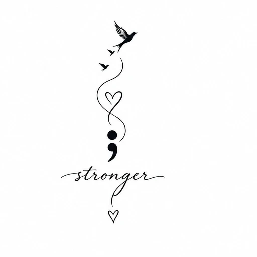Minimalist tattoo design of a semicolon with hearts, birds, and the word 'stronger' in cursive