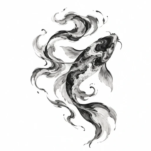 Black and gray sumi-e style koi fish with flowing water swirls on white background
