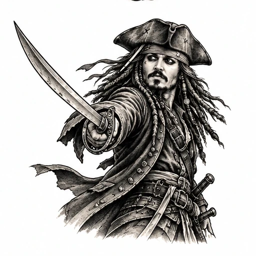 Black and white tattoo-style drawing of Jack Sparrow holding a sword forward with flowing hair and tattered clothes.