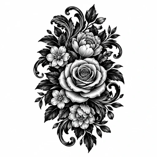 Black and grey floral tattoo design with rose, peonies, leaves, and ornamental scrollwork