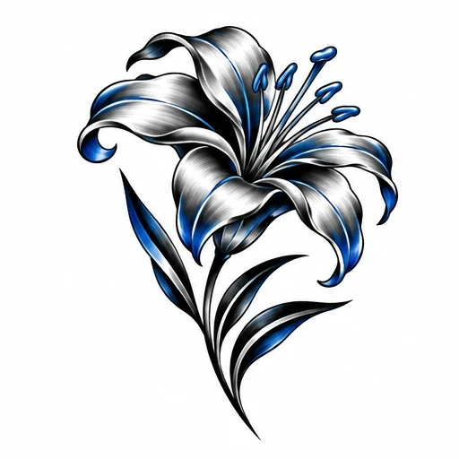 Chrome style lily flower tattoo with silver petals and blue highlights