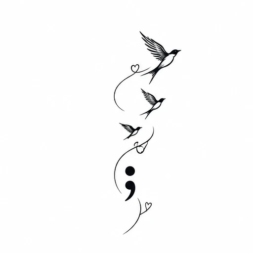 Black fine line tattoo of a semicolon with three flying birds and small hearts on flowing lines