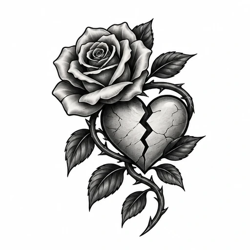 Tattoo design of a black and grey cracked heart entwined by thorny stems with a large rose on top