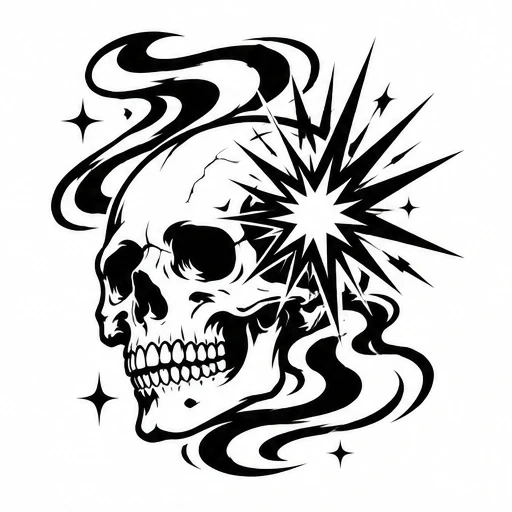 Black and white tattoo design of a skull with an explosive starburst on the temple, surrounded by swirling smoke and stars.