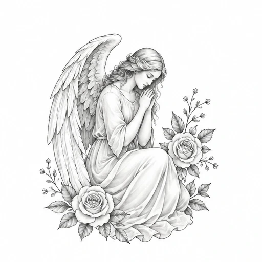 Grayscale tattoo design of a praying angel kneeling with large wings and roses around her.