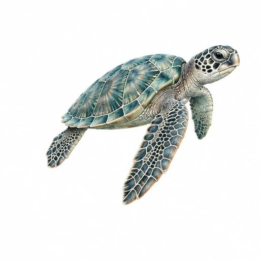 Micro-realism tattoo design of a swimming sea turtle with detailed shell and textured flippers in green and blue shades.