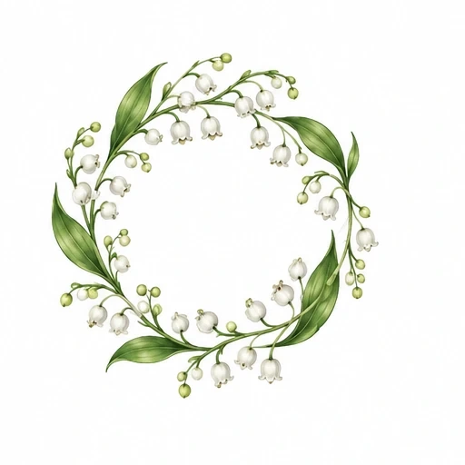 Circular lily of the valley floral wreath tattoo design with green leaves and white bell-shaped flowers.