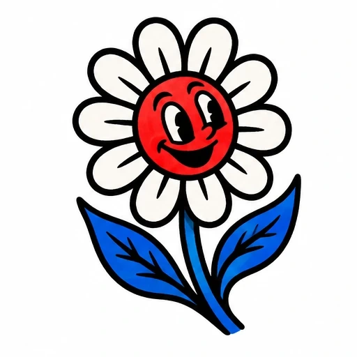 Smiling flower with red face, white petals, blue leaves, and black bold outlines in cartoon style.