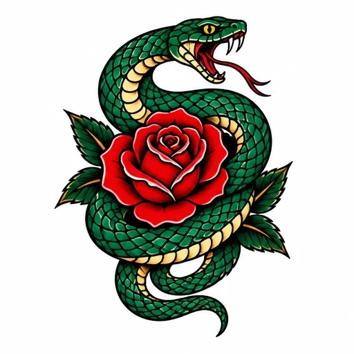 Traditional tattoo style coiled green snake entwined with a red rose and green leaves