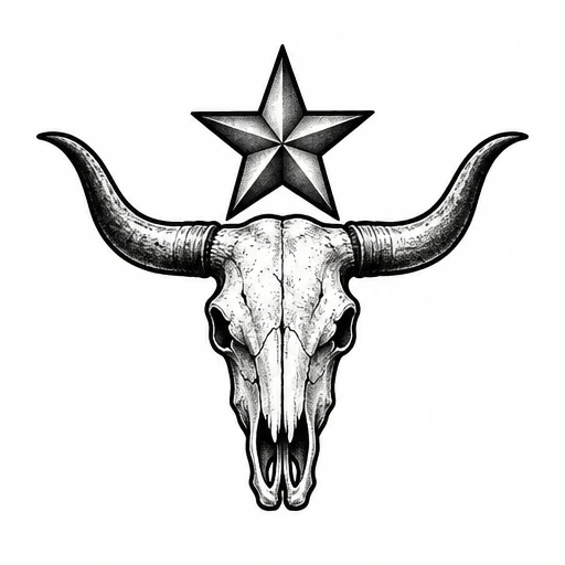 Black and grey longhorn skull tattoo with detailed shading and a three-dimensional Lone Star above it