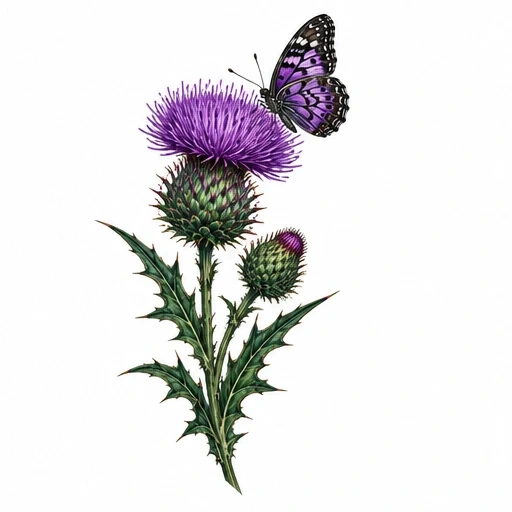 Detailed drawing of a green thistle plant with spiny leaves and purple flowers with a purple-black butterfly on top.