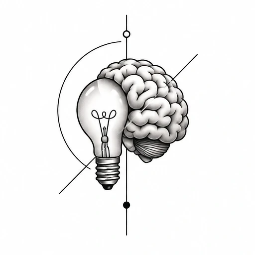 Black and gray tattoo design combining a human brain and lightbulb with geometric lines