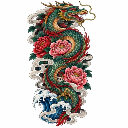 Japanese sleeve tattoo design of a green dragon coiled with pink peonies, swirling clouds, and ocean waves