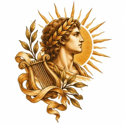 Classical Apollo profile tattoo design with laurel crown, sun rays, lyre, and ribbons in gold and sepia tones