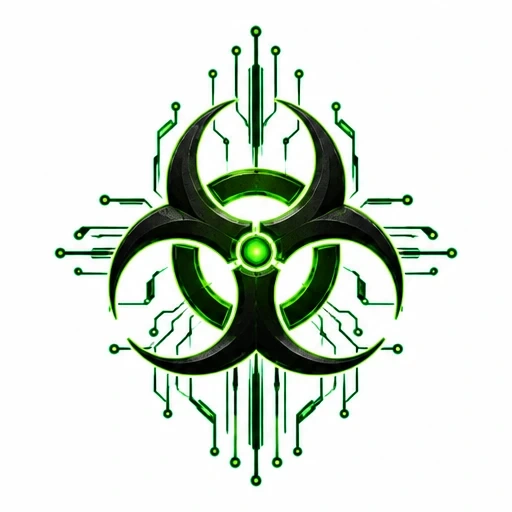 Black biohazard symbol with neon green circuitry elements extending from it on a white background.