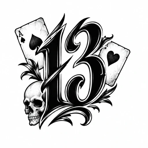 Black and white tattoo design of number 13 with skull and two playing cards