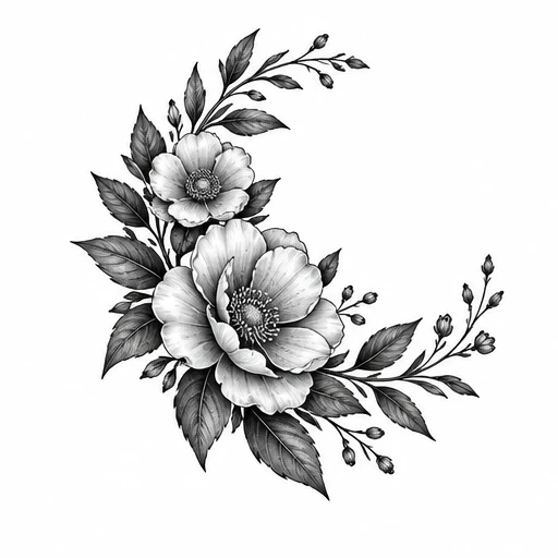 Black and grey tattoo design with two large flowers, leaves, and buds arranged in a curved composition