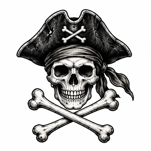 Black and white pirate skull wearing a tricorn hat with crossed bones beneath