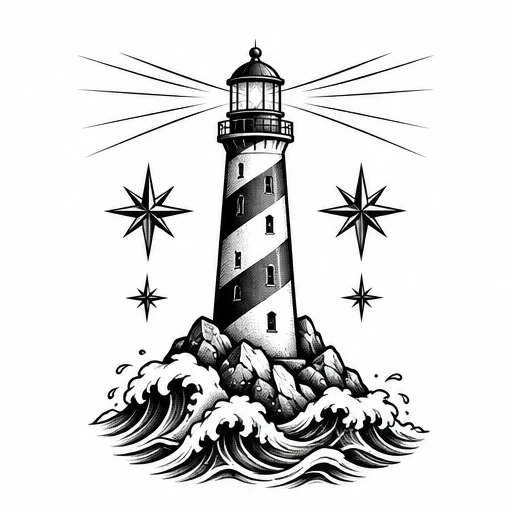 Black and white illustration of a lighthouse with light beams, waves crashing on rocks, and four nautical stars.
