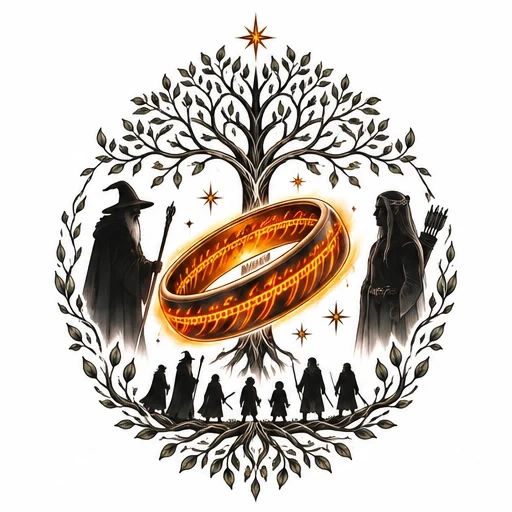 Illustration of the One Ring glowing in front of a stylized white tree with Gandalf, Legolas, and the Fellowship silhouettes around it