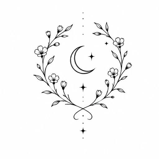 Fine line crescent moon with stars surrounded by symmetrical floral wreath with leaves and blossoms in black ink tattoo design